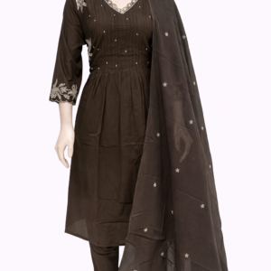 mul cotton v neck pattern a line 3 piece kurti set with a neat thread work detailing