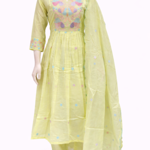 budget friendly pure cotton a line lemon yellow colour 3 piece kurti set with a neat thread work