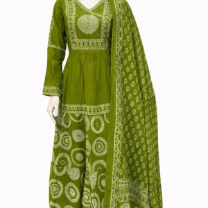 green colour long pattern anarkali 3 piece mul cotton dress
