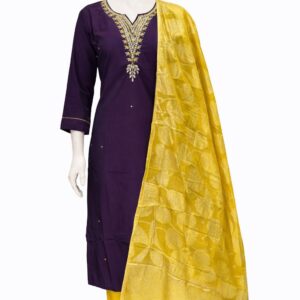 dola silk partywear 3 piece kurti set banaras dupatta