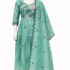 mint green colour mul chanderi anarkali flared kurti along with same colour pant and dupatta