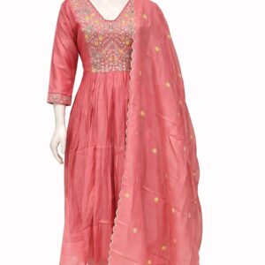 pink colour mul chanderi anarkali bucket neck kurta along with same colour pant and duppata
