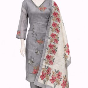pure cotton grey colour 3 piece kurta set contrast floral print dupatta