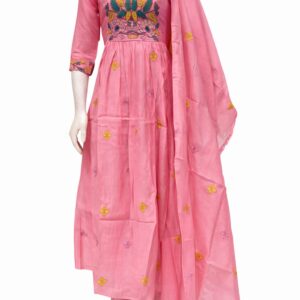pure mul chanderi cotton 3 piece set in a pink colour with a beautiful design