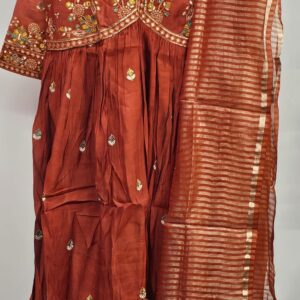 orange mulchanderi kurti set