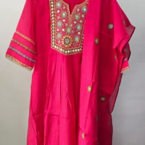 pink mul chanderi kurti set