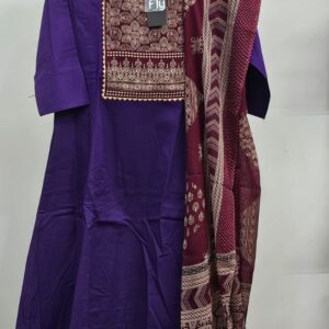 purple dabu cotton kurti set with kalmkari duppata