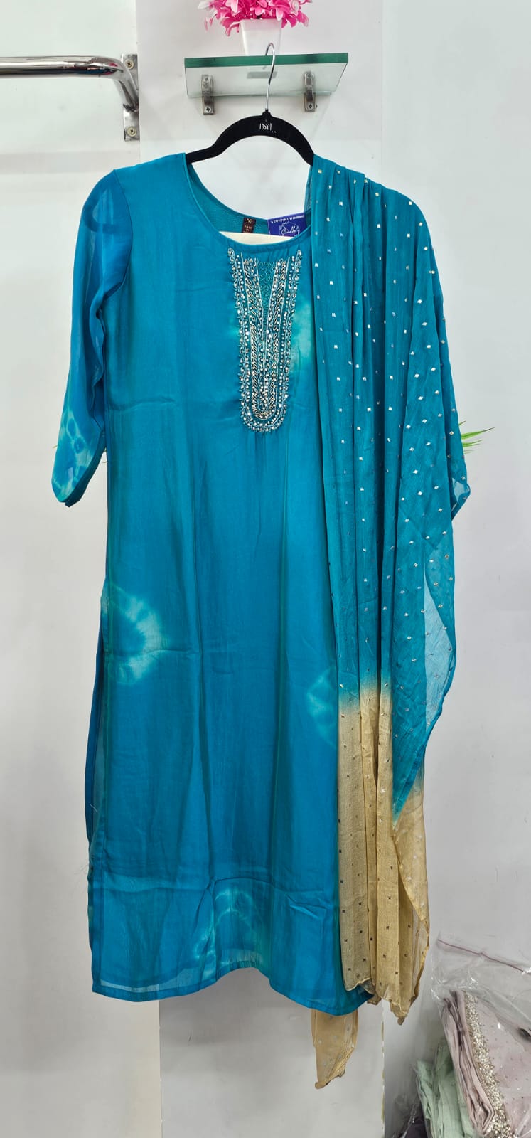 blue colur georgetee kurti set with contrast pant and duppata blue colur georgetee kurti set with contrast pant and duppata