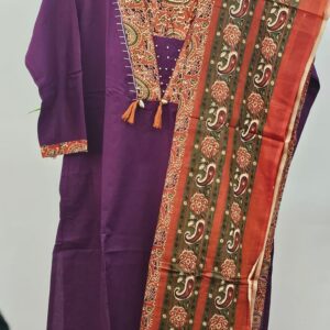 mul cotton wine colour kurti set contrast kalmkari pant and duppata