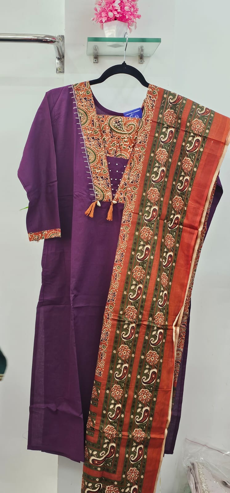 mul cotton wine colour kurti set contrast kalmkari pant and duppata mul cotton wine colour kurti set contrast kalmkari pant and duppata