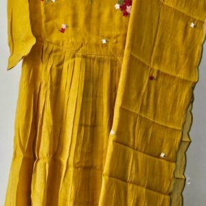 yellow pure mul chanderi kurti set